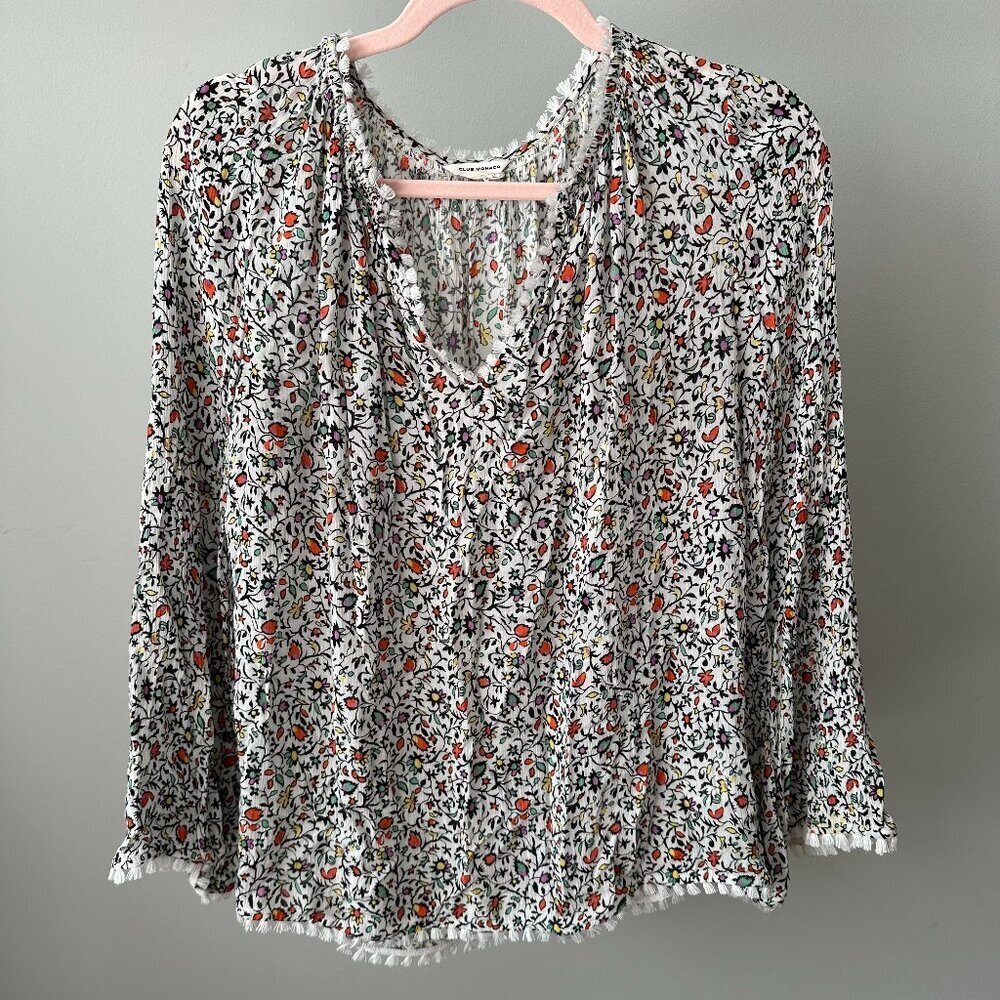 Club Monaco Boho Bell Sleeves Floral Printed Fringe Tassel Edge Top Size S